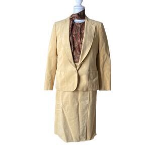 Vintage 70s Yellow Faux Suede Single Breasted Blazer Pencil Skirt Set Sz Large